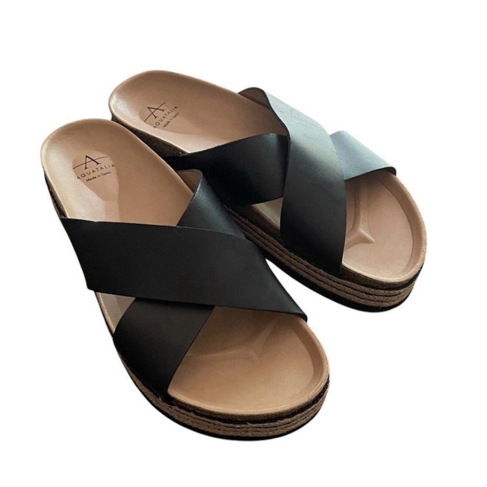Aquatalia Ariana‎ Espadrille Platform Slide Sandal Black Leather Size 8 Tried On